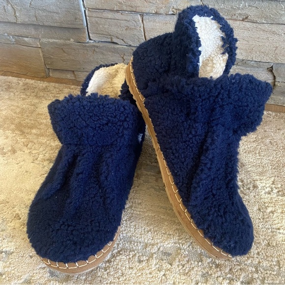 L.l Bean Cozy Slippers Booties Pull On Borg Sherpa Fleece Dark Blue: 10 - Picture 2 of 10